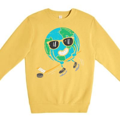 Earth Playing Ice Hockey Earth Day Sports Premium Crewneck Sweatshirt