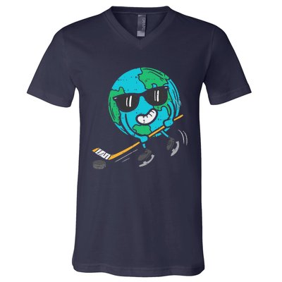 Earth Playing Ice Hockey Earth Day Sports V-Neck T-Shirt