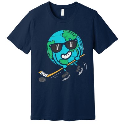 Earth Playing Ice Hockey Earth Day Sports Premium T-Shirt