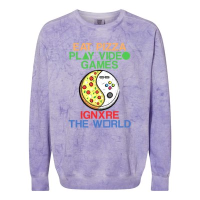 Eat Pizza. Play Video Games. Ignore The World Gaming Funny Gift Colorblast Crewneck Sweatshirt