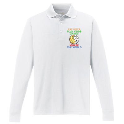 Eat Pizza. Play Video Games. Ignore The World Gaming Funny Gift Performance Long Sleeve Polo