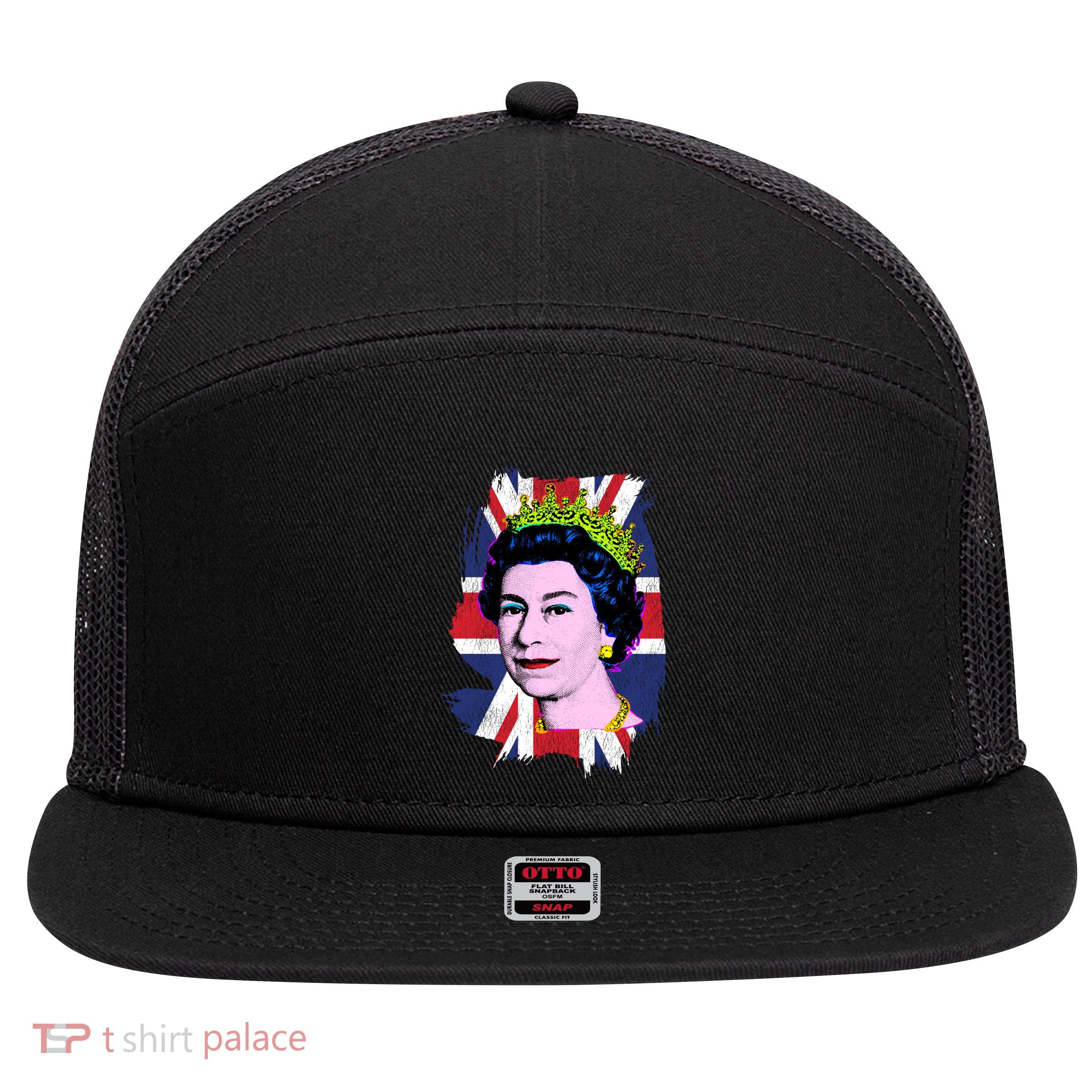 Elizabeth Portrait Pop Art Union Jack Flag Queen Of England Meaningful Gift 7 Panel Mesh Trucker Snapback Hat