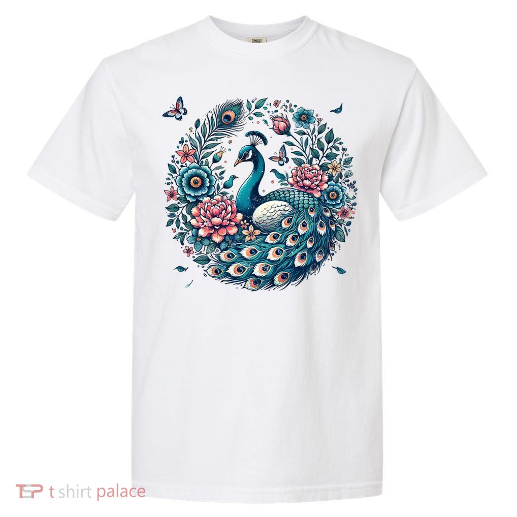 Elegant Peacock Surrounded By Flowers Great Gift Garment-Dyed Heavyweight T-Shirt