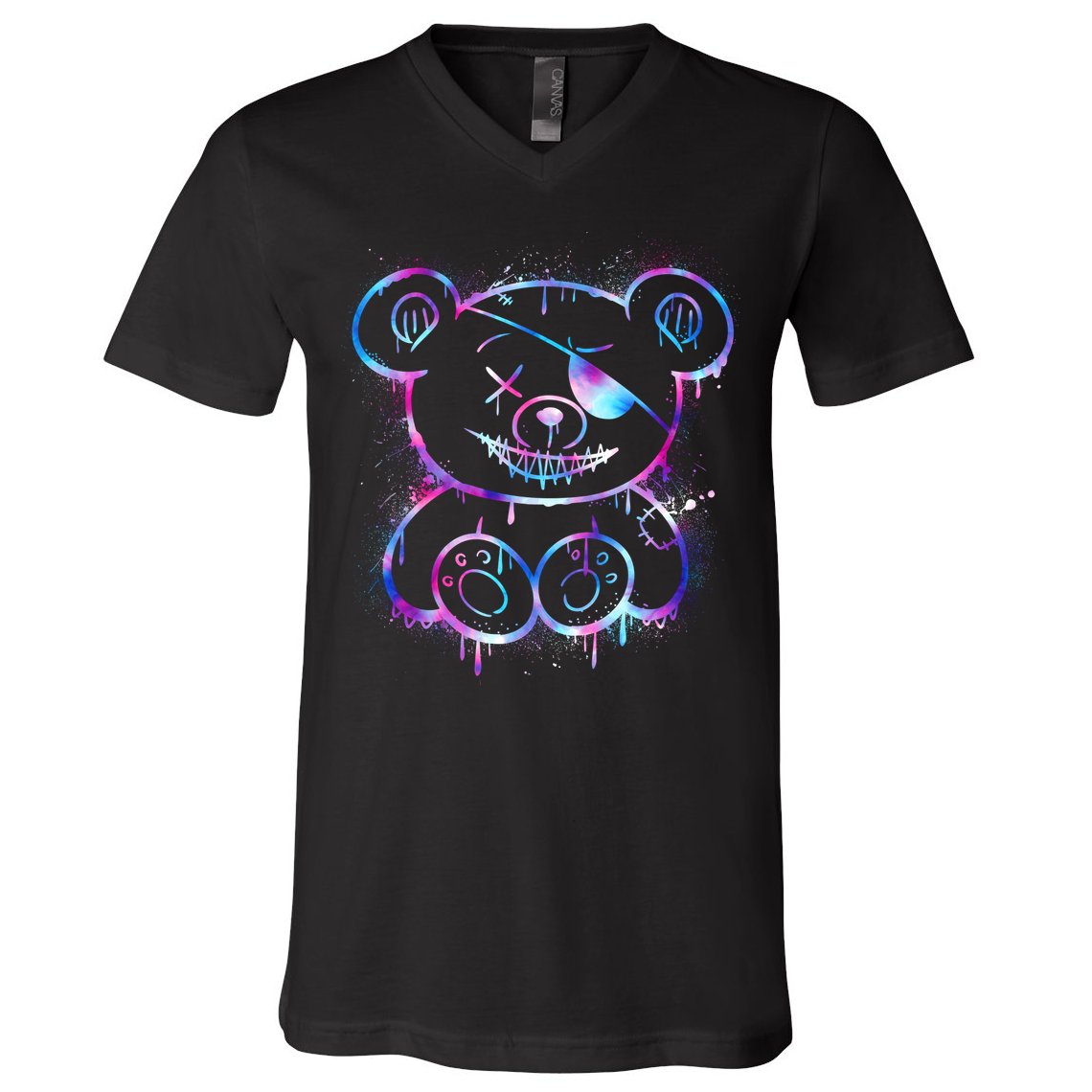 Emo Punk Teddy Bear Graffiti V-Neck T-Shirt