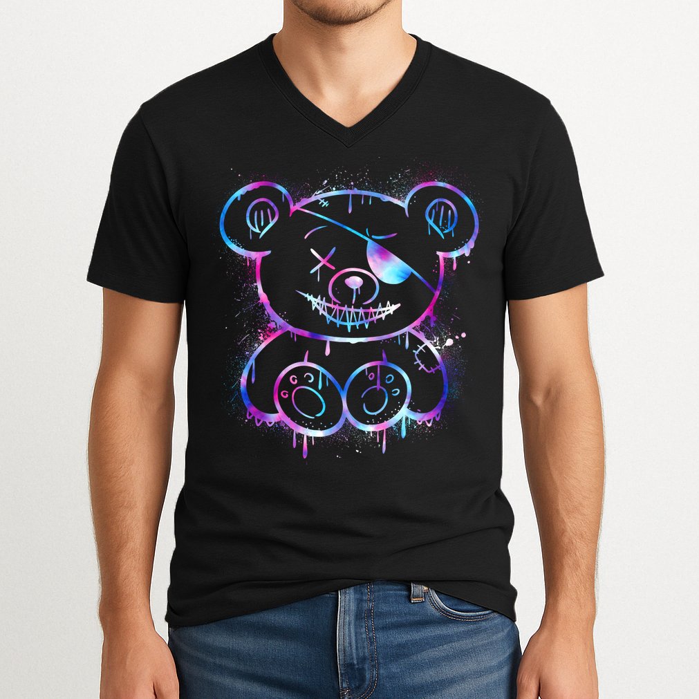 Emo Punk Teddy Bear Graffiti V-Neck T-Shirt