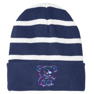 Emo Punk Teddy Bear Graffiti Striped Beanie with Solid Band