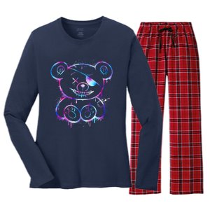 Emo Punk Teddy Bear Graffiti Women's Long Sleeve Flannel Pajama Set 