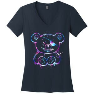 Emo Punk Teddy Bear Graffiti Women's V-Neck T-Shirt