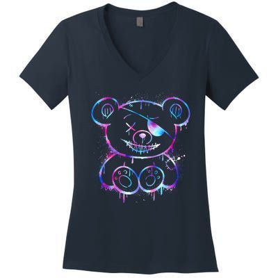 Emo Punk Teddy Bear Graffiti Women's V-Neck T-Shirt