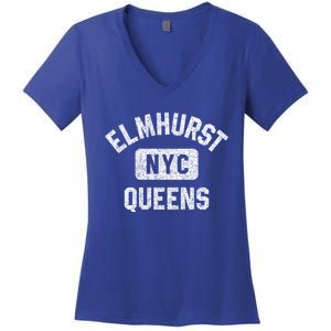 Elmhurst Queens Nyc Gym Style Distressed White Print Gift Women's V-Neck T-Shirt