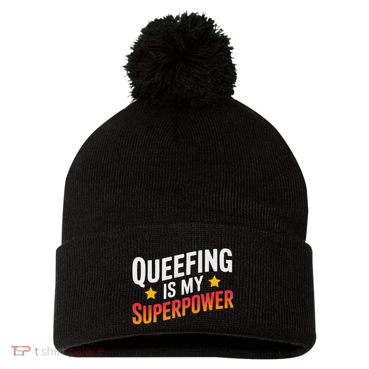 Embarassing Queef Queen Queefed Inappropriate Fart Queefing Pom Pom 12in Knit Beanie