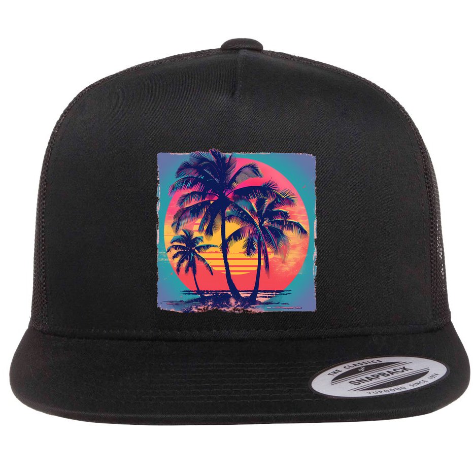 Eighties Retro 80s Style Beach Palm Trees Summer Gift Flat Bill Trucker Hat