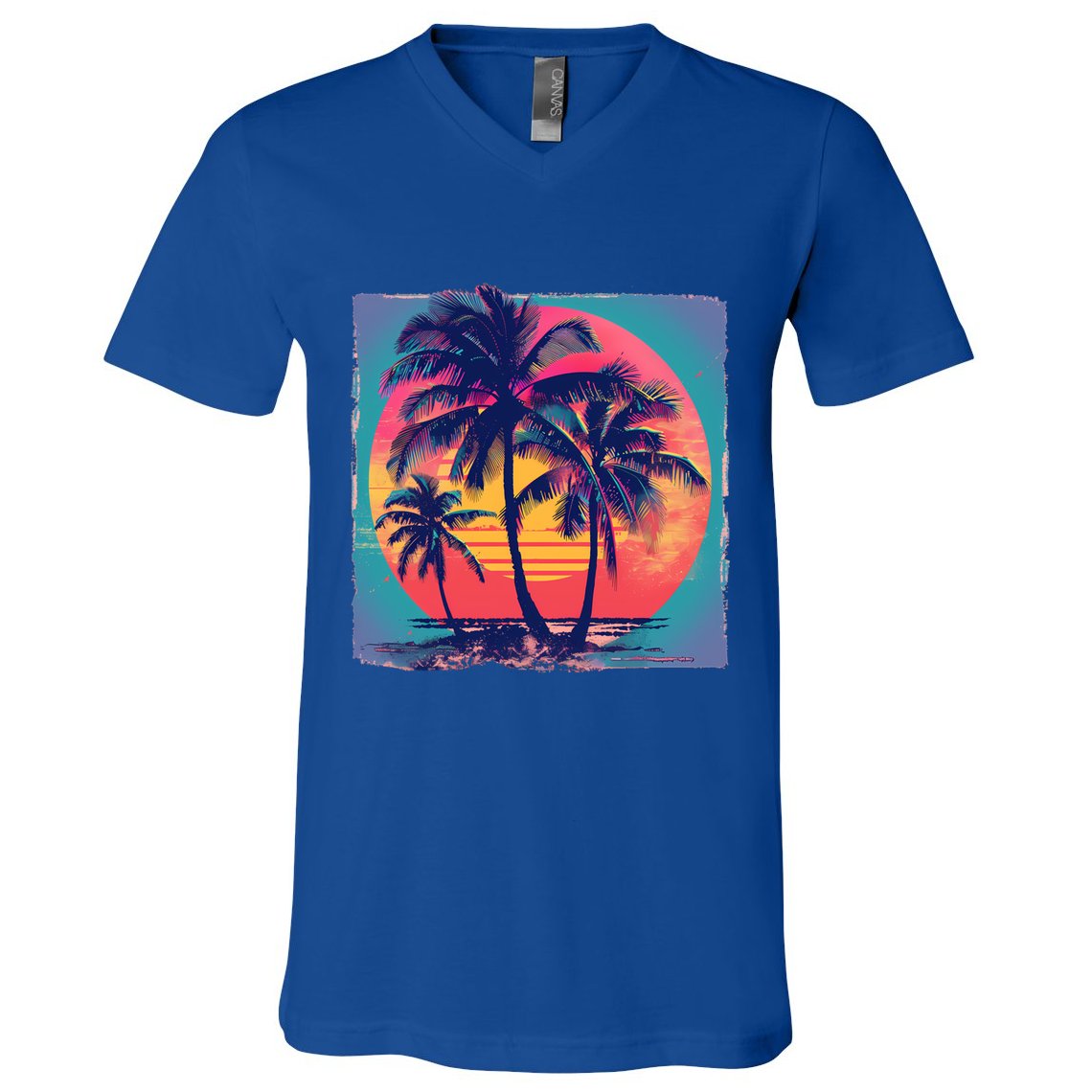 Eighties Retro 80s Style Beach Palm Trees Summer Gift V-Neck T-Shirt