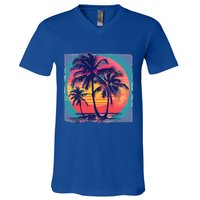 Eighties Retro 80s Style Beach Palm Trees Summer Gift V-Neck T-Shirt