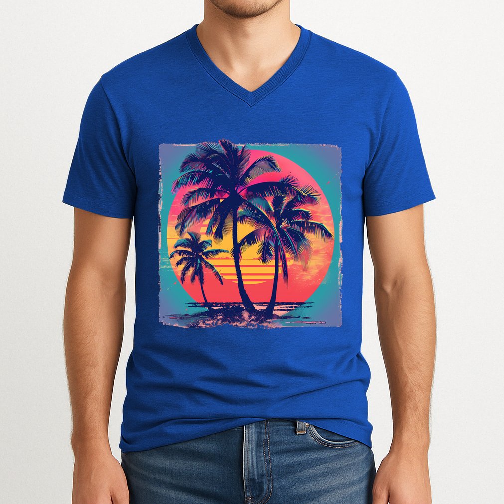 Eighties Retro 80s Style Beach Palm Trees Summer Gift V-Neck T-Shirt