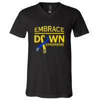 Embrace Ribbon Down Syndrome Awareness Gift V-Neck T-Shirt