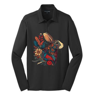 Easter Rabbit Floral Graphic  Silk Touch Performance Long Sleeve Polo