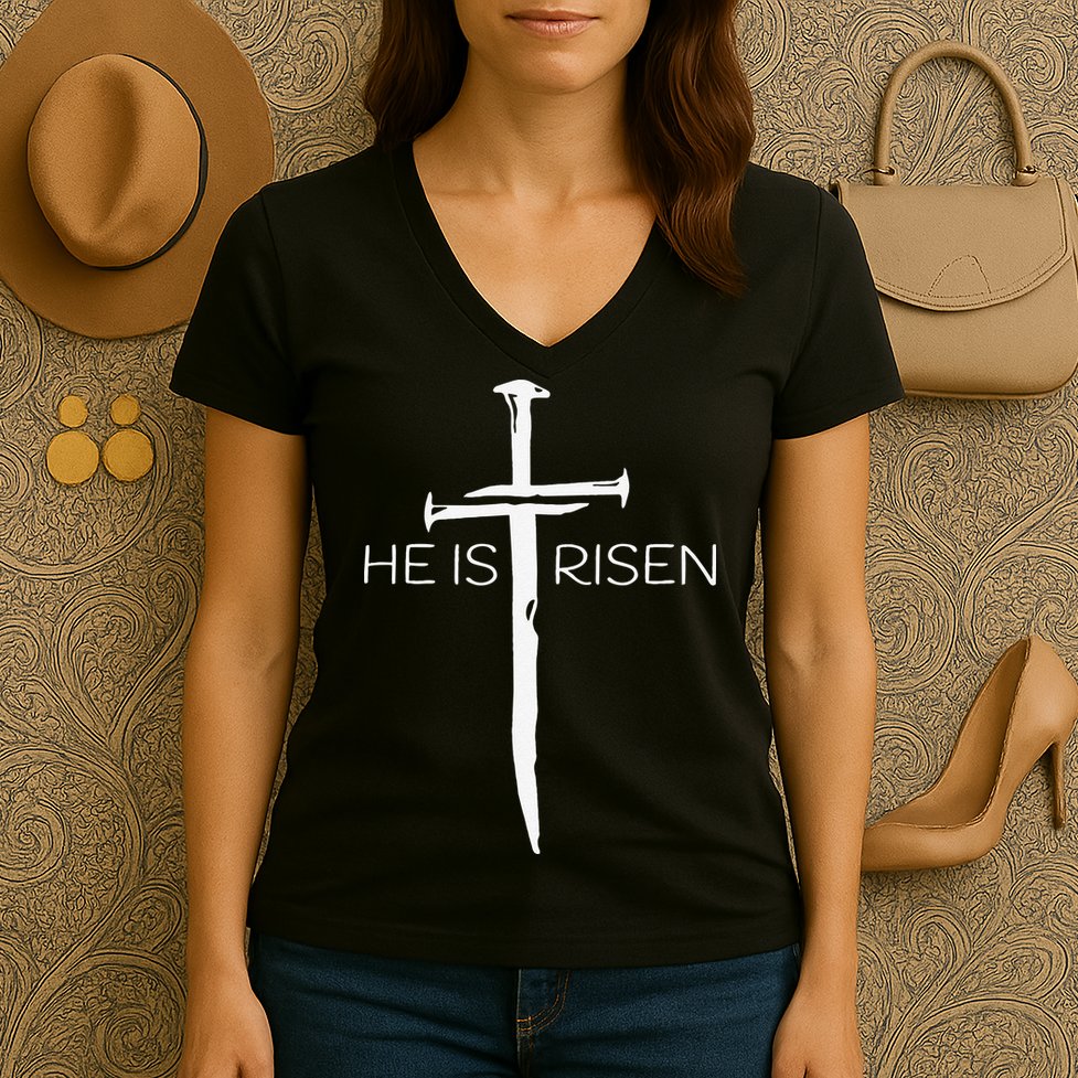 Easter Resurrection Jesus He Is Risen Cross Gift Women's V-Neck T-Shirt