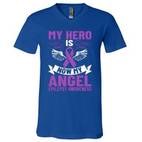 Epilepsy Ribbon My Hero Is Now My Angel Epilepsy Awareness Cute Gift V-Neck T-Shirt