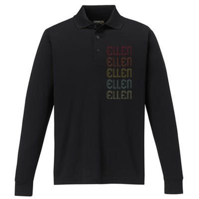 Ellen Retro Wordmark Pattern Vintage Personalized 70s Performance Long Sleeve Polo