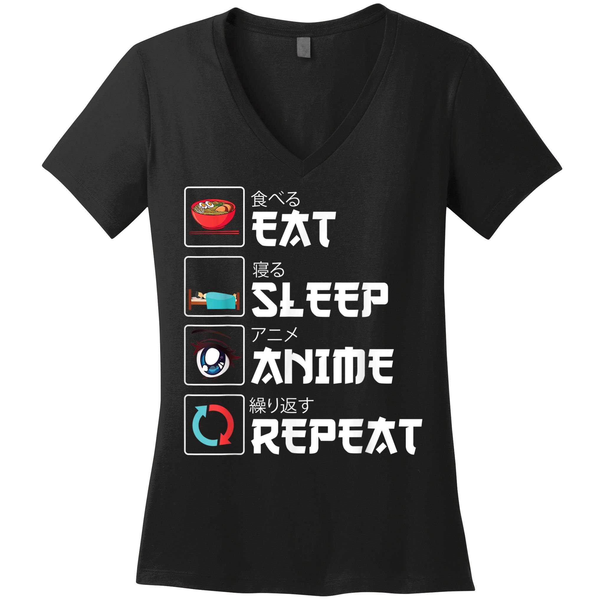 Eat Sleep Anime Repeat Funny Manga Otaku Girls Boys Anime Women's V-Neck T-Shirt