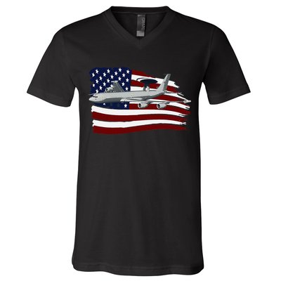E3 Sentry Awacs Plane Us Flag Usa V-Neck T-Shirt