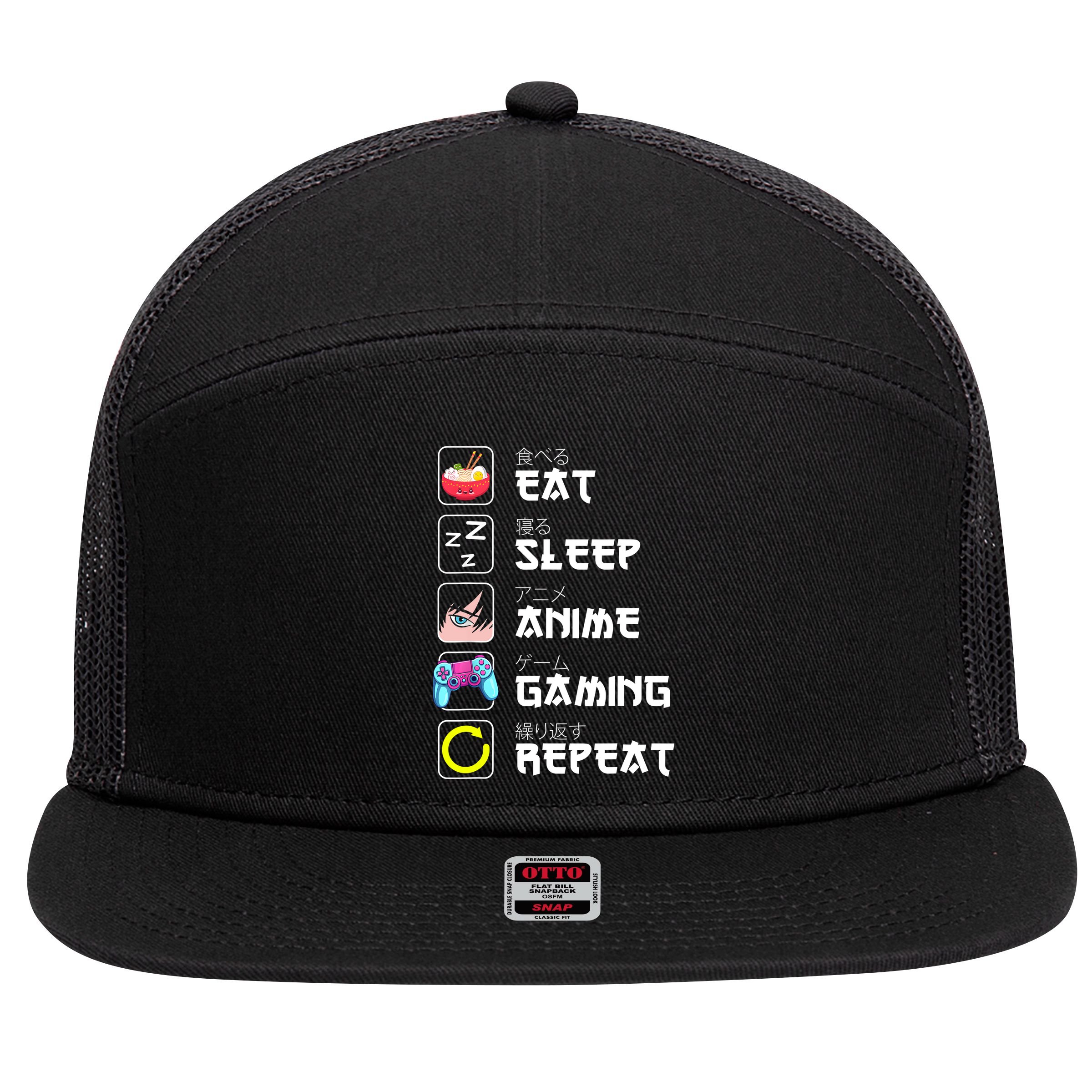 Eat Sleep Anime Gaming Repeat Japan Kawaii Manga Anime Gifts 7 Panel Mesh Trucker Snapback Hat