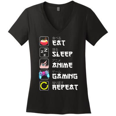 Eat Sleep Anime Gaming Repeat Japan Kawaii Manga Anime Gifts Women's V-Neck T-Shirt