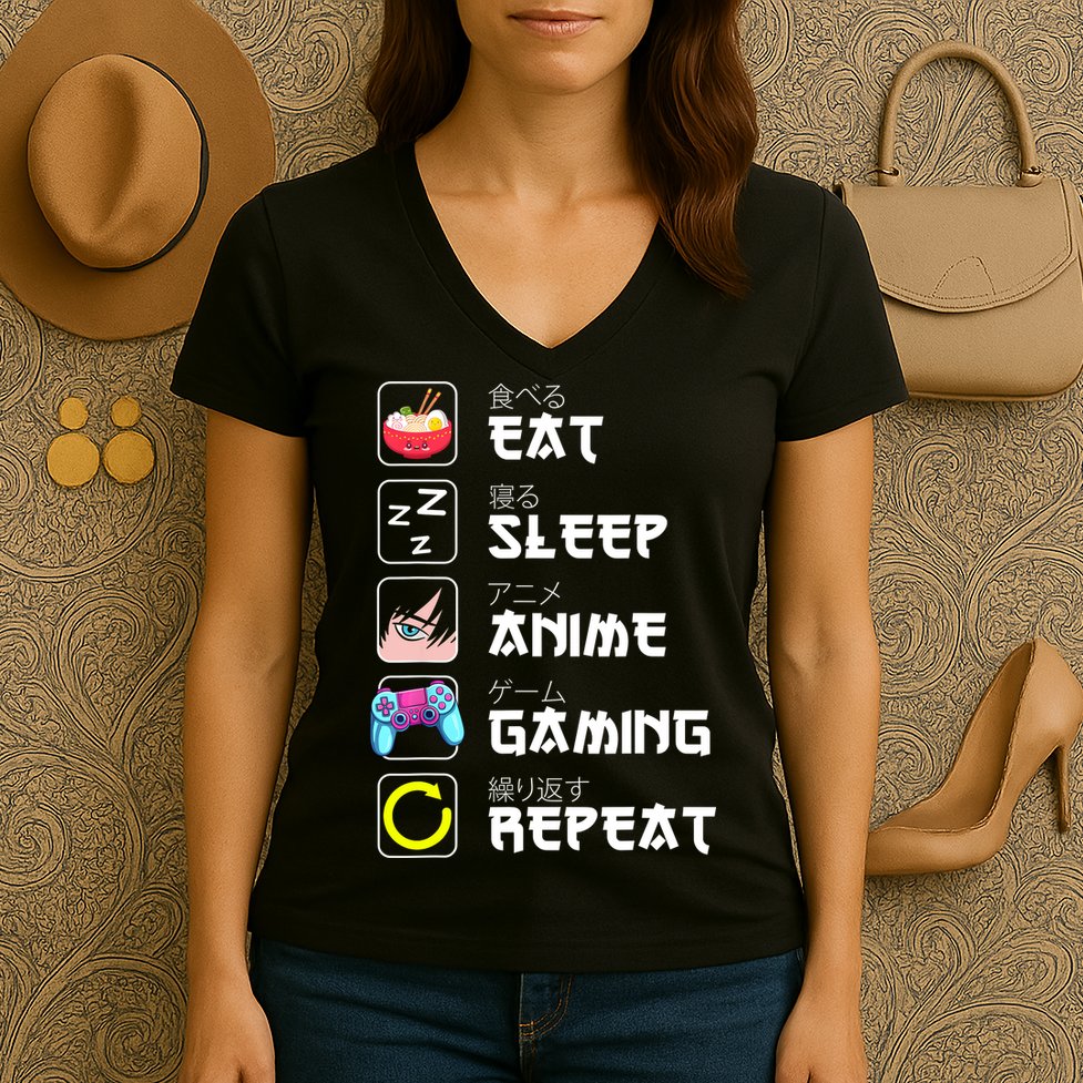 Eat Sleep Anime Gaming Repeat Japan Kawaii Manga Anime Gifts Women's V-Neck T-Shirt