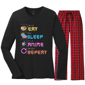 Eat Sleep Anime Repeat Anime Manga Women's Long Sleeve Flannel Pajama Set 