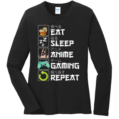 Eat Sleep Anime Gaming Repeat Kawaii Otaku Anime Manga Ladies Long Sleeve Shirt