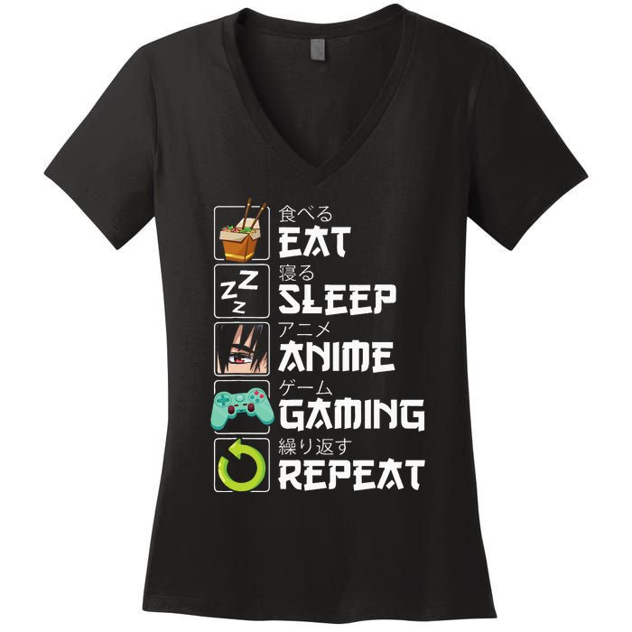 Eat Sleep Anime Gaming Repeat Kawaii Otaku Anime Manga Women's V-Neck T-Shirt