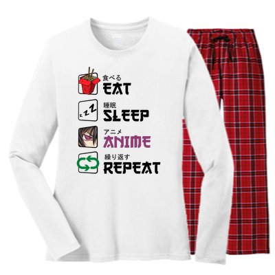 Eat Sleep Anime Repeat Women's Long Sleeve Flannel Pajama Set 