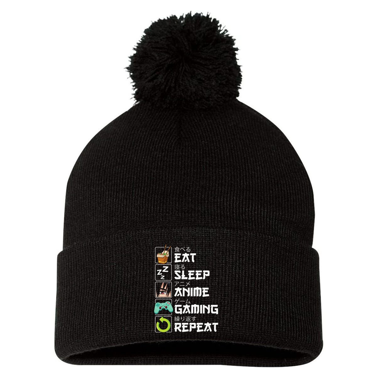 Eat Sleep Anime Gaming Repeat Kawaii Otaku Anime Manga Pom Pom 12in Knit Beanie