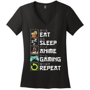 Eat Sleep Anime Gaming Repeat Kawaii Otaku Anime Manga Women's V-Neck T-Shirt