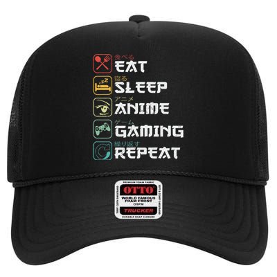 Eat Sleep Anime Gaming Repeat Retro Otaku Anime Manga High Crown Mesh Back Trucker Hat