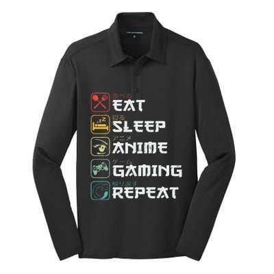 Eat Sleep Anime Gaming Repeat Retro Otaku Anime Manga Silk Touch Performance Long Sleeve Polo