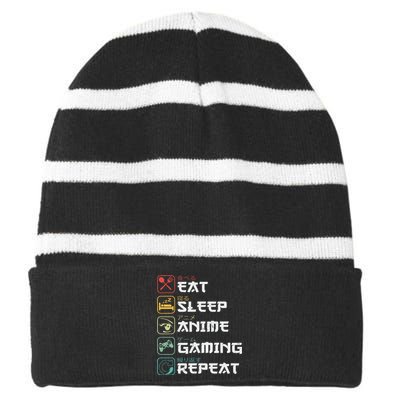 Eat Sleep Anime Gaming Repeat Retro Otaku Anime Manga Striped Beanie with Solid Band