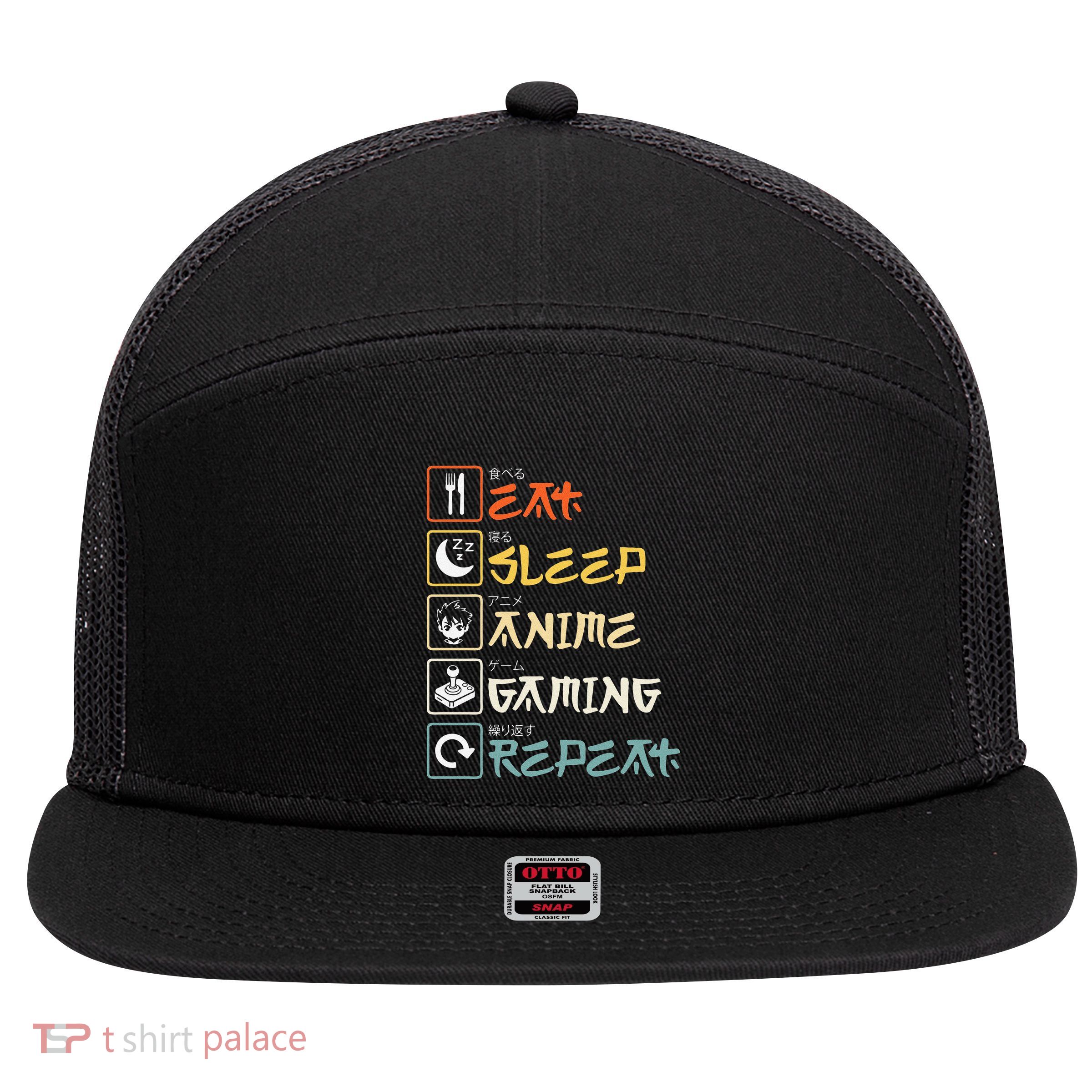 Eat Sleep Anime Gaming Repeat Gamer Gift 7 Panel Mesh Trucker Snapback Hat