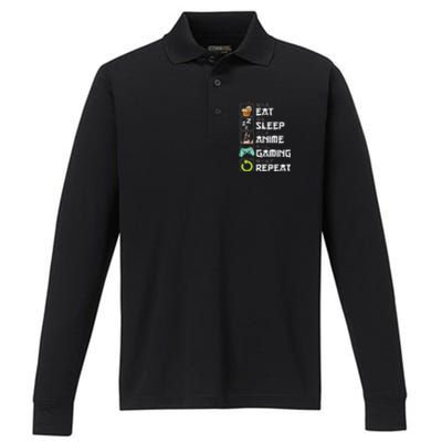 Eat Sleep Anime Gaming Repeat Kawaii Otaku Anime Manga Performance Long Sleeve Polo