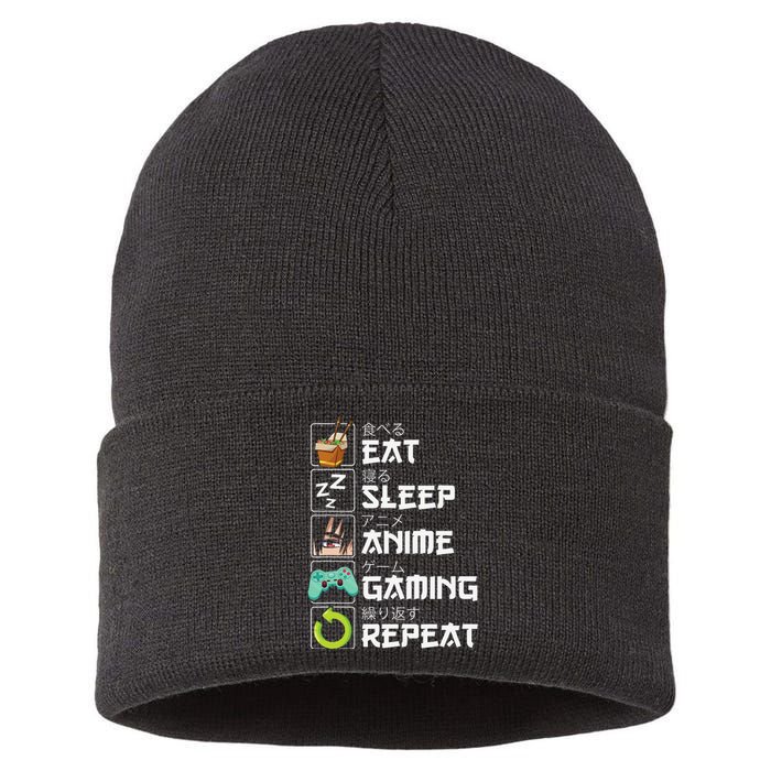 Eat Sleep Anime Gaming Repeat Kawaii Otaku Anime Manga Sustainable Knit Beanie