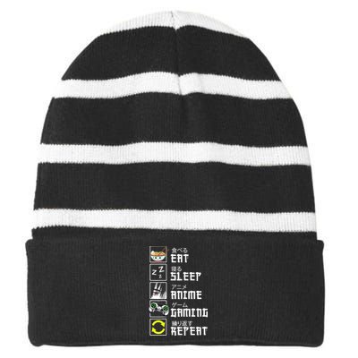 Eat Sleep Anime Gaming Repeat Kawaii Otaku Anime Manga Striped Beanie with Solid Band