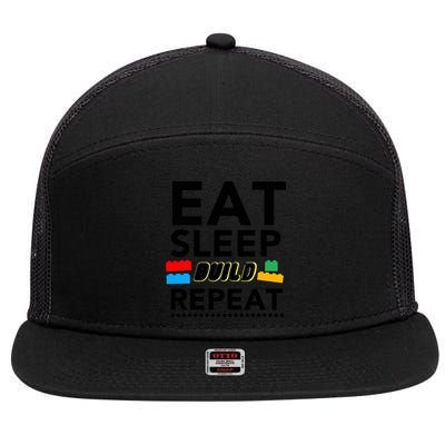Eat Sleep Build Repeat Building Blocks Bricks Master Builder 7 Panel Mesh Trucker Snapback Hat