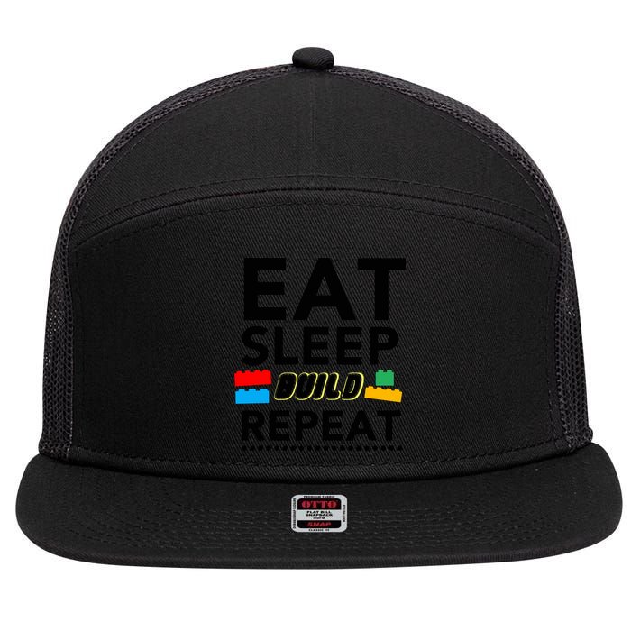 Eat Sleep Build Repeat Building Blocks Bricks Master Builder 7 Panel Mesh Trucker Snapback Hat