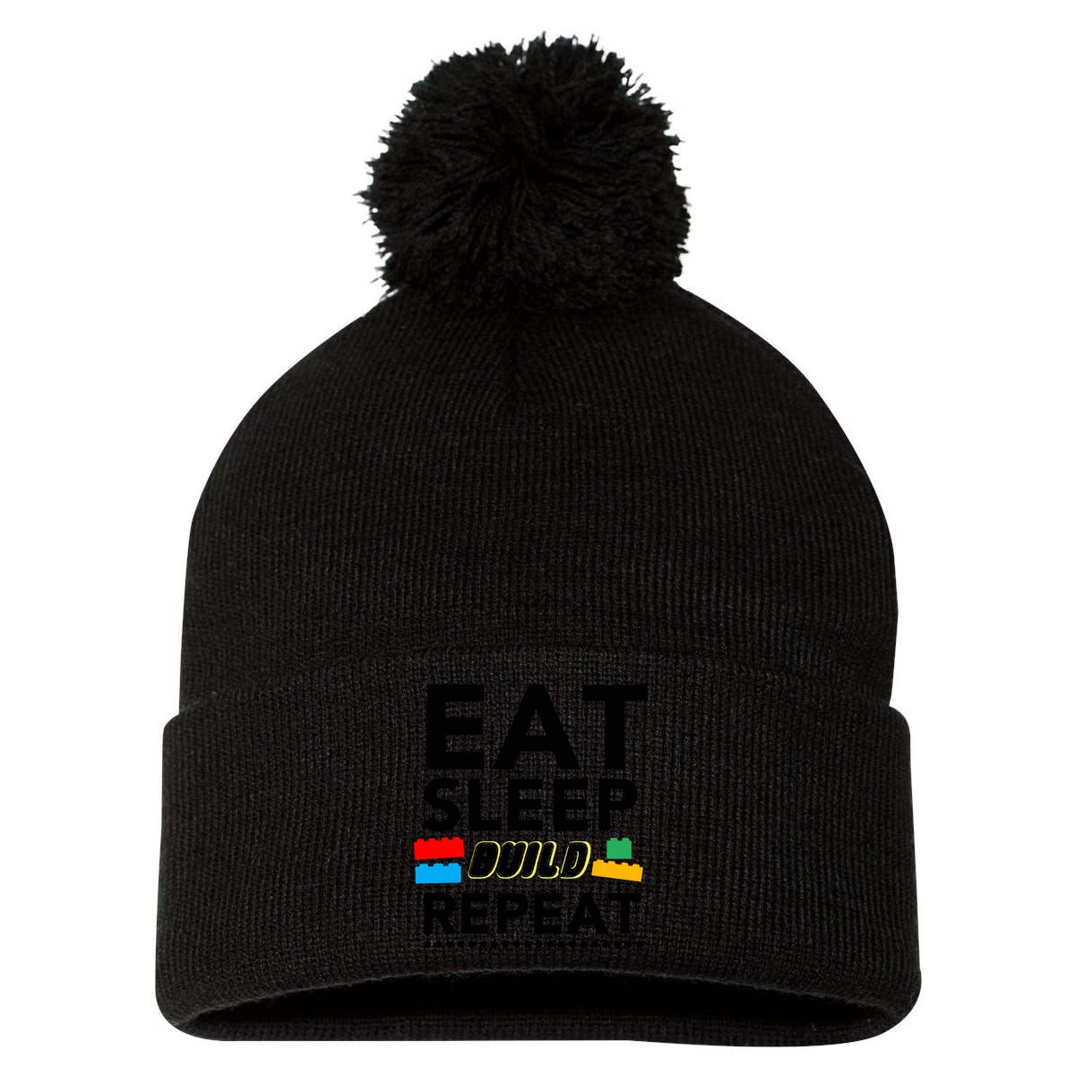 Eat Sleep Build Repeat Building Blocks Bricks Master Builder Pom Pom 12in Knit Beanie
