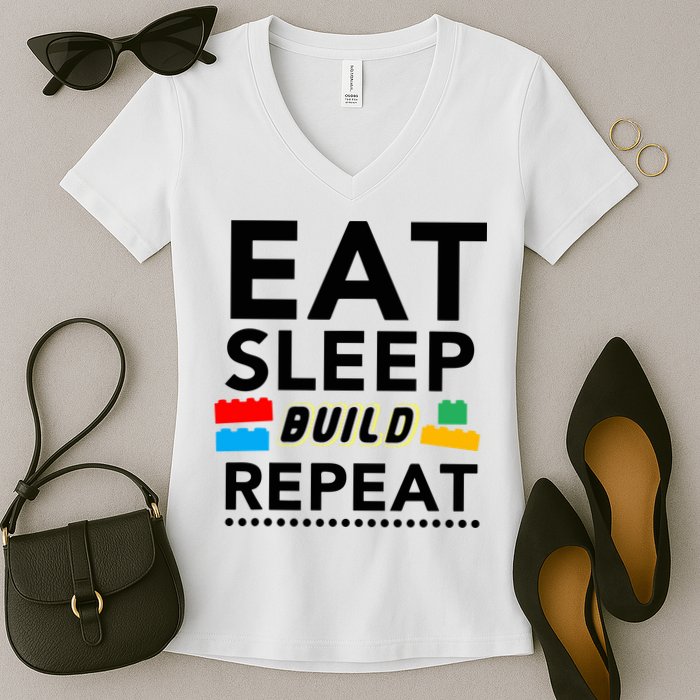 Eat Sleep Build Repeat Building Blocks Bricks Master Builder Women's V-Neck T-Shirt