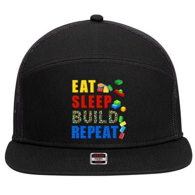 Eat Sleep Build Repeat Building Bricks Blocks Master Builder 7 Panel Mesh Trucker Snapback Hat