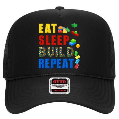 Eat Sleep Build Repeat Building Bricks Blocks Master Builder High Crown Mesh Back Trucker Hat