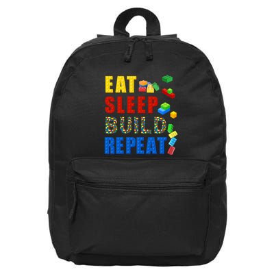 Eat Sleep Build Repeat Building Bricks Blocks Master Builder 16 in Basic Backpack