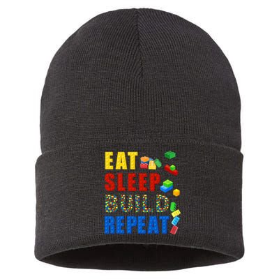 Eat Sleep Build Repeat Building Bricks Blocks Master Builder Sustainable Knit Beanie